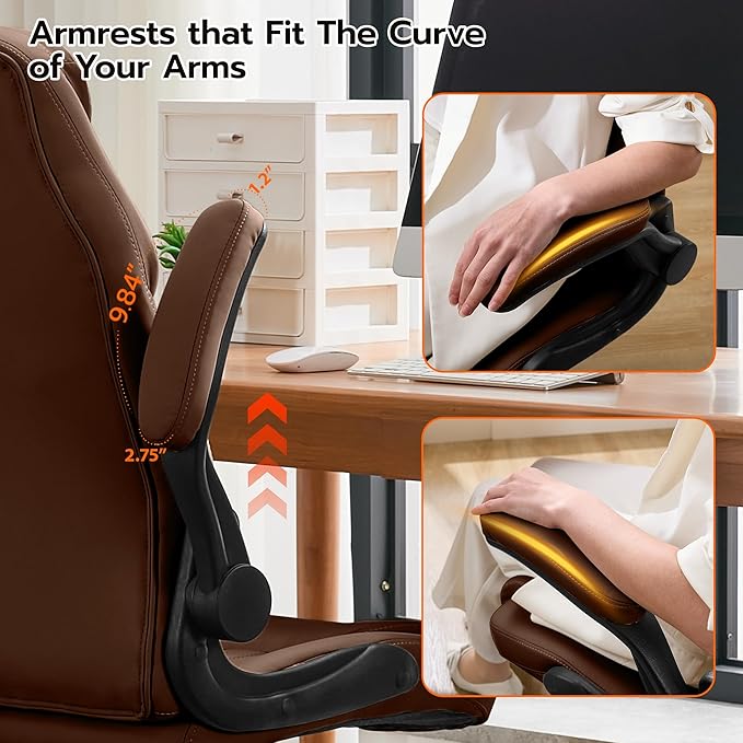 Office Desk Chair Ergonomic Computer Chair with Padded Flip-Up Arms and Adjustable Lumbar Support PU Leather Executive Chair with Tilt Lock and 360° Swivel Rolling Wheels for Work Study