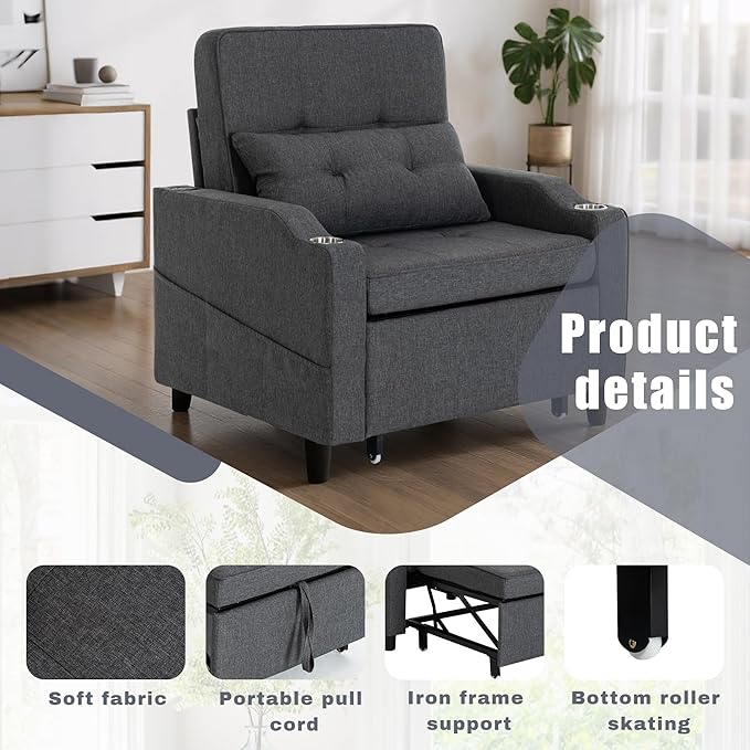 Sleeper ChairSingle Armchair Sofa with PillowAdjustable Backrest Recliner Sofa Modern Pull Out Couch Bed with USB Port Cup Holder Side Pocket for Living Room Bedroom(Dark Grey)