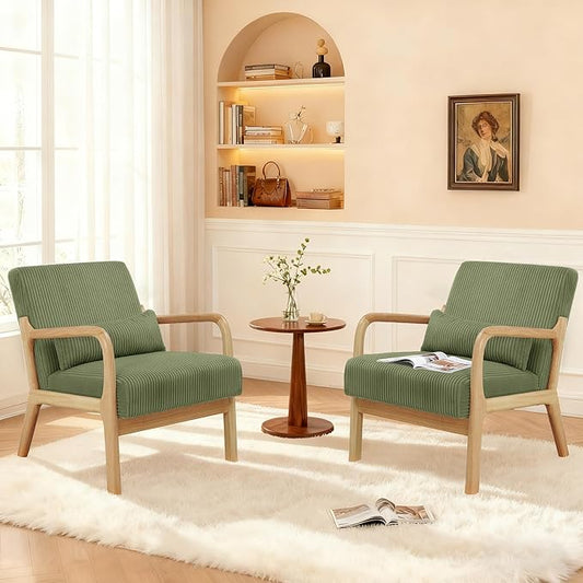 Accent Chair Set of 2 Mid-Century Modern Armchair with Waist Cushion Fabric Lounge Reading Chair with Wood Frame Comfy Sitting Seat for Living Room Bedroom Balcony up to 450lbs Green