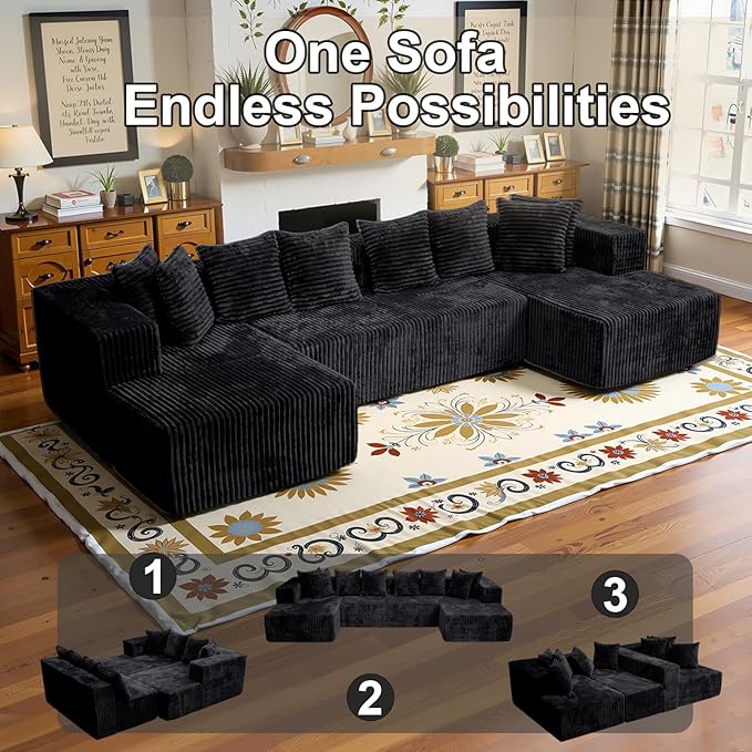 132''U-Shape Modular Sectional Couch Sofa Boneless Compressed Corduroy Modern Sleeper Space-Efficient Convertible Design 3 Packages Shipping