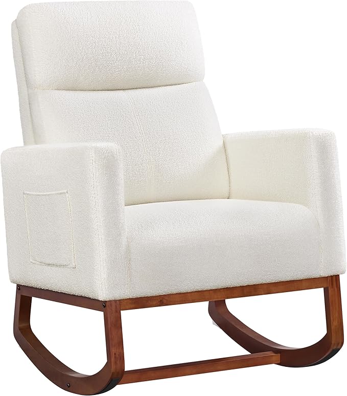 Yaheetech Boucle Living Room Chair Modern Upholstered Rocking Accent Chair Glider Chair Nursery Chair with Side Pocket and High Back Armchair for Living Room Bedroom Lounge Ivory