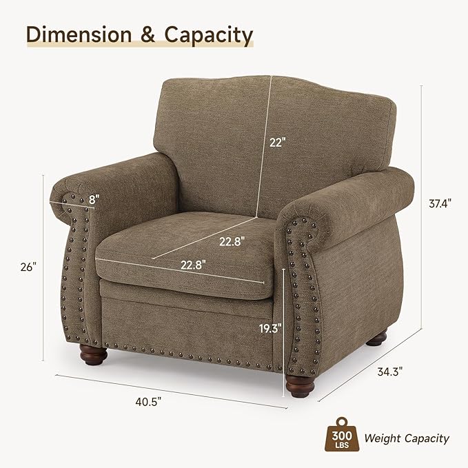 ONBRILL Nailhead Trim Armchair Rolled Arm Accent Chair for Living Room Comfy Chenille Club Sofa Chair w/Springs Cushions &amp Wood Legs Traditional Single Couch Chair for Apartment Farmhouse Bro