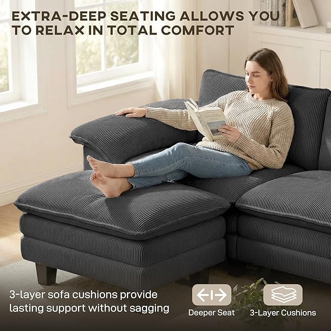HOMCOM Modular Sectional Sofa Couch 124 Oversized L Shape Sectional Cloud Couch with Deep Seat Movable Ottoman and Pillow-top Armrests for Living Room Bedroom and Apartment Dark Gray | Deep seat