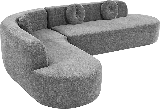 122 Extra Large Sectional Sofa Soft Fabric Upholstery Sponge Couch Elegant Curved Design with Three Round Cushions High-Resilience Foam for Ultimate Comfort Grey