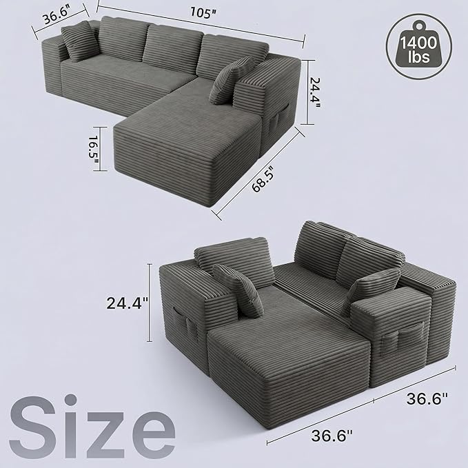 L Shaped Cloud Sectional Couch for Living Room 105 Modern Corduroy Modular Frameless Floor Sofa with Chaise Memory Foam Deep Seat &amp Non-Slip Base No Assembly Required (Grey)