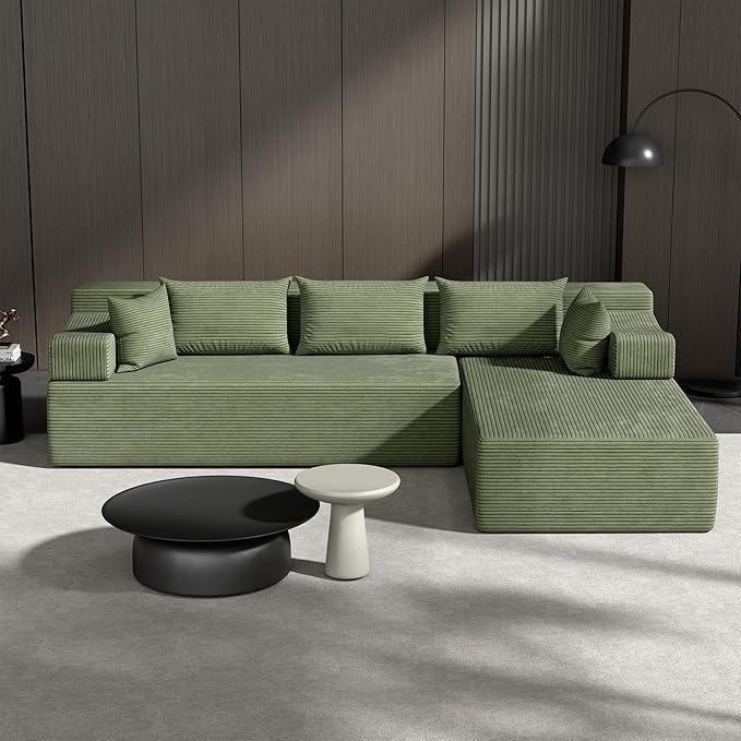 106 Cloud Sectional Couch with L-Shaped Chaise Modular Sectional Sofa with Deep Seat and Removable Armrests Comfy Corduroy Boneless Couches for Living Room No Assembly Required Green