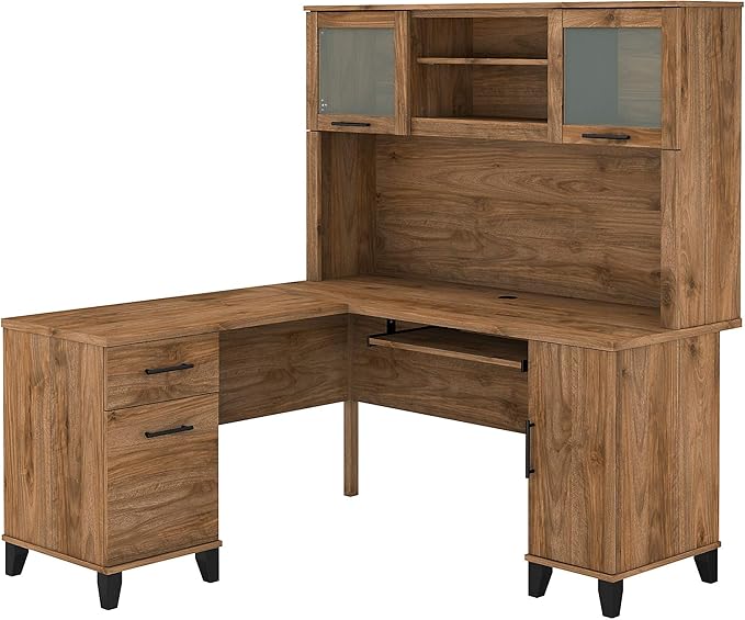 Bush Home Somerset 60W L Shaped Desk with Hutch in Fresh Walnut