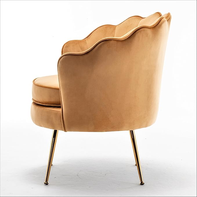 Velvet Barrel Accent Chair with Scalloped Silhouette and Gold Metal Legs Decorative Piece Suitable for Traditional Modern and Contemporary Spaces Mustard Yellow