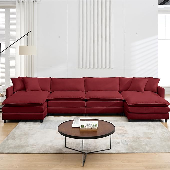 Modular Sectional Sofa143.31'' Modern Sofa Sleeper CouchComfy Cloud Couches with 4 Seat &amp 2 Ottoman &amp 4 Pillows Sofa SetDeep Seat Sofa with Movable Ottoman for Living RoomChenille (Red U