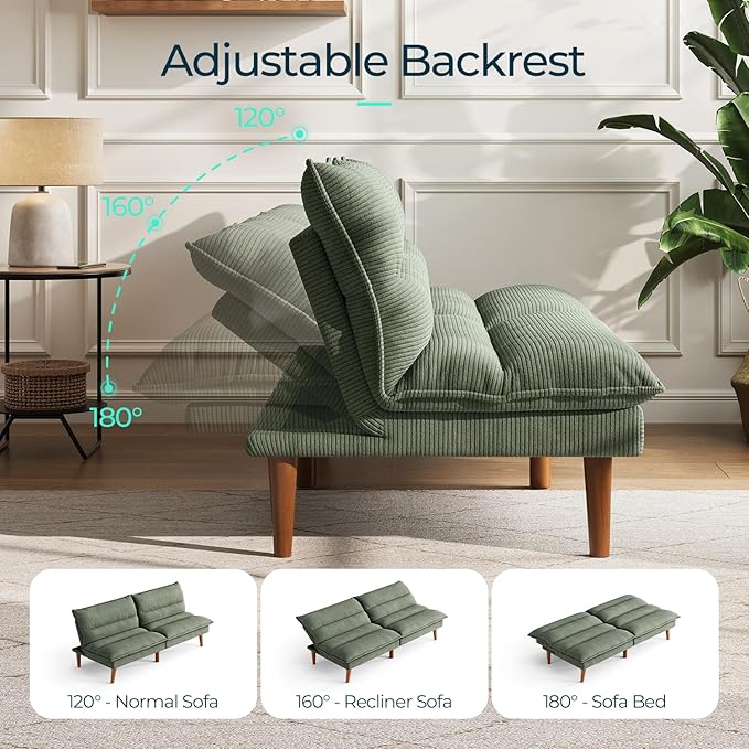 LINSY Futon Sofa Bed: Corduroy Futon Couch with Adjustable Backrest Comfy Loveseat Convertible Folding Sleeper Sofa Couches for Small Spaces Living Rooms Apartment Office Green