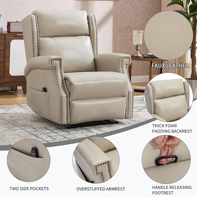 KEIKI Oversized Recliner Chair Manual Leather Recliner Chair with 8 Vibration Nodes Back Massager and Heating for Living Room Rocking Chair for Old Money Living Room Decor Beige