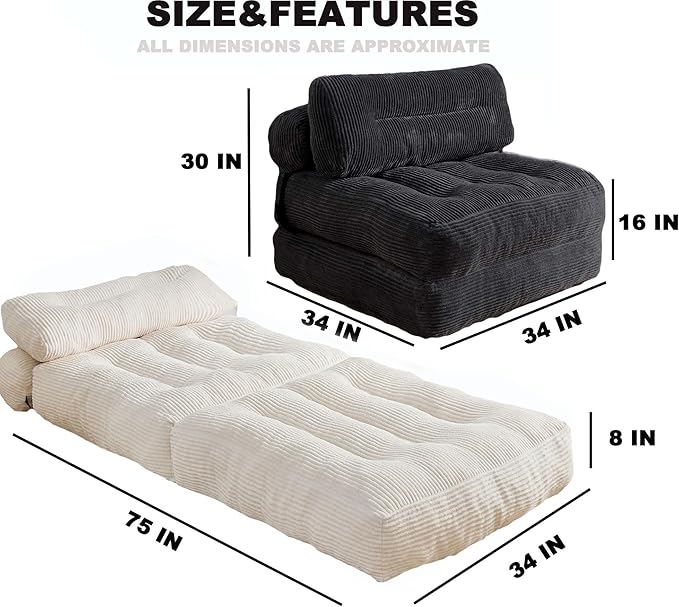 Folding Sofa Bed Convertible Sleeper Chair Couch Bed Faux Rabbit Fur for Adults with Back Support Floor Couch Comfy Floor Sofa for Living Room Bedroom Ivory Single
