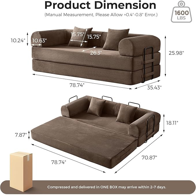 5-in-1 Convertible Sofa Bed | 79 Fixed Frame with High-Resilience Memory Foam Easy Setup | Durable Corduroy Converts to Full Bed Great for Family Living Room (Brown)
