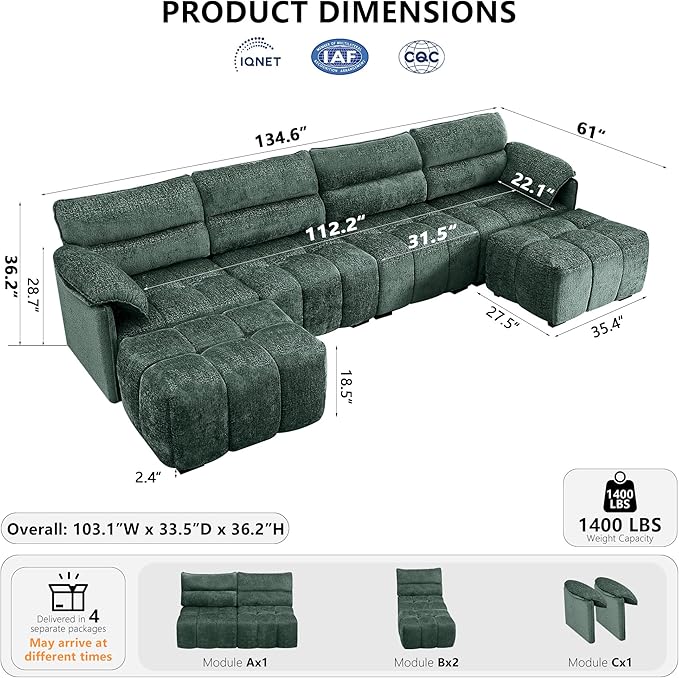 135 Modular Sectional Couch for Living Room Morden Chenille U Shaped Boneless Couch Cloud Sofa with Removable Armrest for Bedroom Apartment Green
