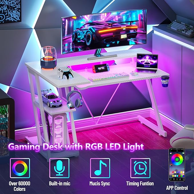 40 Inch Gaming Desk with Power Outlet &amp LED Lights L Shaped Computer Gaming Table with 3 Tiers Storage Shelves Corner Gamer Desk with Monitor Stand for Small Space Carbon Fiber White