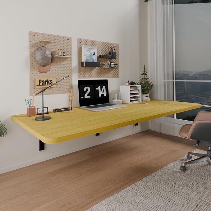 IAE 48 x 22 Floating Foldable DeskWall-Mounted Folding Computer Table with Engineered WoodStudy Table with Shelf BracketsFold Down ShelfFold Computer Desk for Small SpacesHolds 500 lbNatural