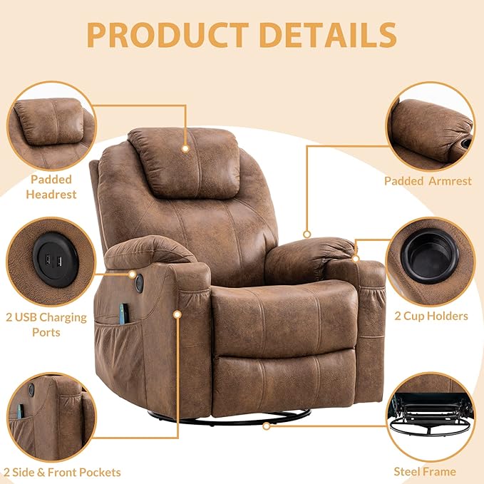 Swivel Rocker Recliner Chair - Manual Glider Rocking Recliner Ergonomic Chair with Heated Massage 4 Pockets/Cup Holders/USB Ports/Remote Control Brown