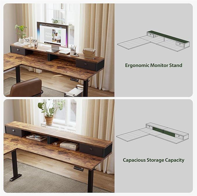 Agilestic L Shaped Electric Standing Desk with 2 Drawers 63 Inch Ergonomic Adjustable Height Desk with Storage Corner Desk Sit Stand up Computer Table for Work Office Home Rustic Brown