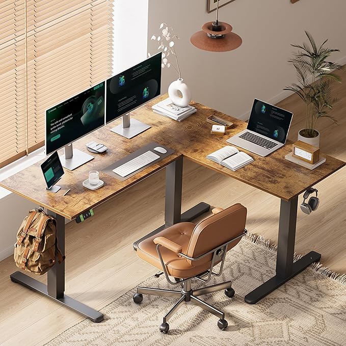 Claiks L Shaped Height Adjustable Electric Standing Desk with Dual Motors and Headphone Hook 59 Corner Sit Stand Desk with Memory Presets for Home Office &amp Gaming Rustic Brown