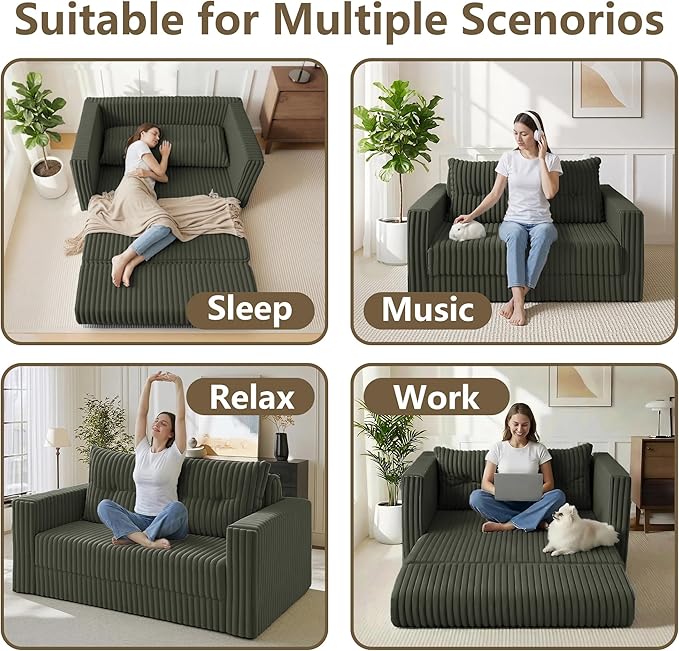 HABUTWAY Folding Sofa Bed 2 in 1 Convertible Sleeper Chair with Pillow Portable Fold Out Chair Bed with Armrest Comfy Floor Couch Lazy Sofa for Living Room Bedroom Dorm Home Office Green