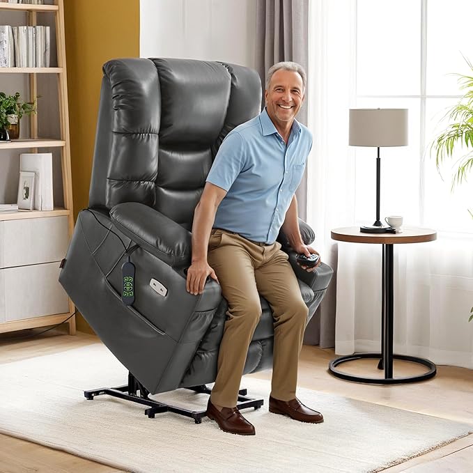 MCombo Large Triple Motor Power Lift Recliner Chair with Massage and Dual Heating Adjustable Headrest for Tall Elderly People Faux Leather 7634 (Dark Grey Large)