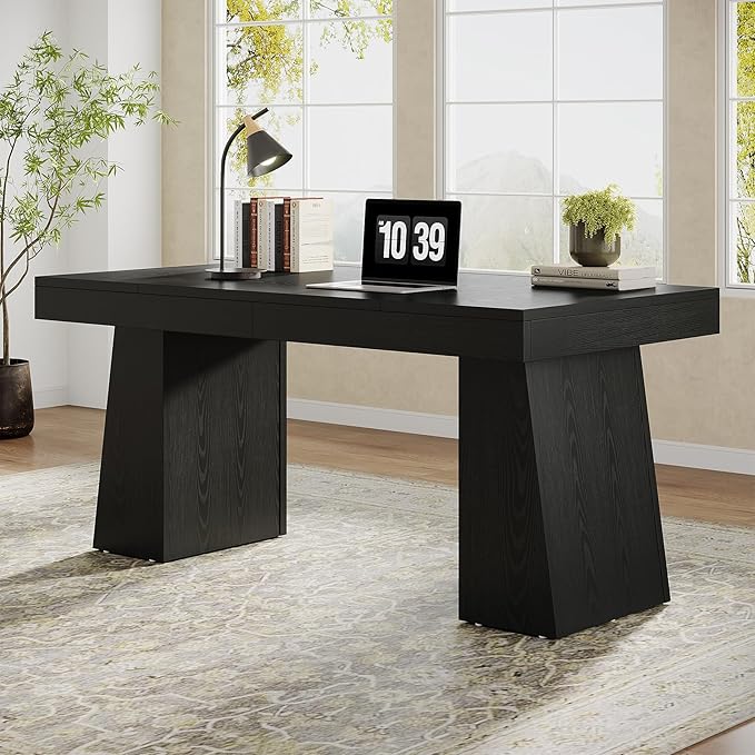 Tribesigns 55 Executive Desk Wooden Office Desk with Double Pedestal Modern Simple Computer Writing Table for Home Office Black