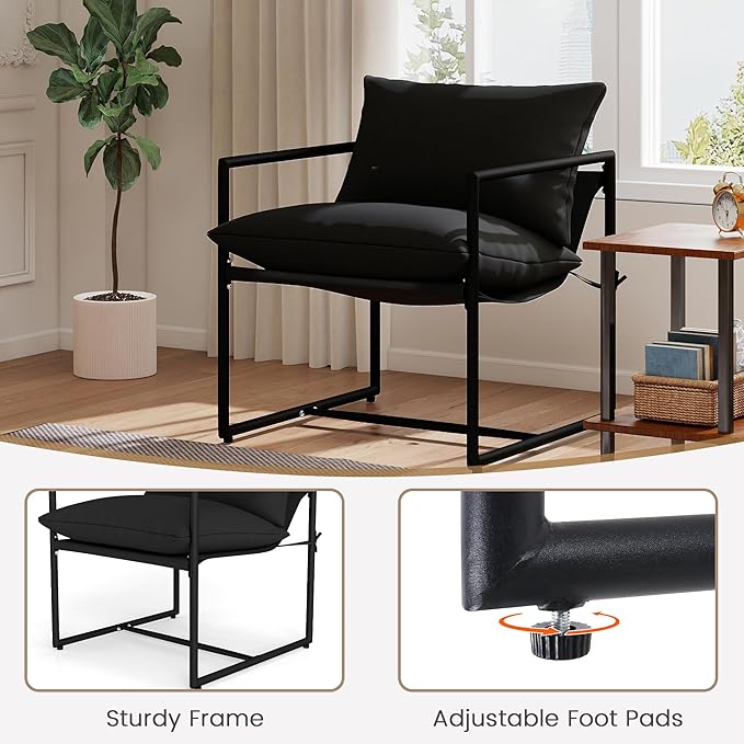Modern Accent Chair with Arms Comfortable Living Room Seating Square Metal Frame Soft Upholstered Cushion Sponge Filling Easy to Assemble Set of 2 Black