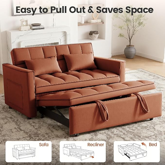 Pull Out Couch Velvet Fabric Loveseat Sleeper Couch 3 in 1 Corduroy Futon Sofa Bed with Side Pockets Sleeper Sofa Bed with Adjustable Backrest for Living Room Camel
