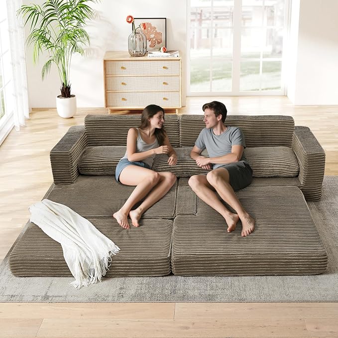 112.6 Oversized Fold Out Couch Bed King 3 in 1 Convertible Modern L Shape Cloud Modular Sectional Comfy Boneless Foam Couch Futon for Living Room No Assembly(Brown CorduroyRight Facing Chaise)