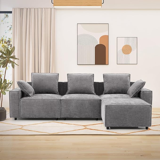 WILLOVE 109'' Modular Sectional Sofa Chenille Cloud Couch with Wide Armrests &amp 5 Pillows Deep Seat Couches for Living Room Grey