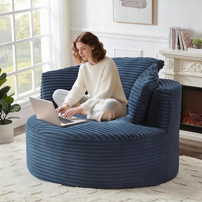 Round Chair Lounge Chaise Indoor 48.8 Oversized Sofa Chair Upholstered Corduroy Deep Seat Sleeper Sofa Bed No Assembly Required for Living Room Bedroom Apartment Blue