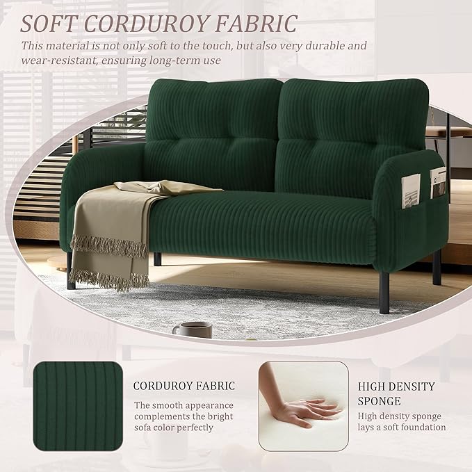 47'' Small Loveseat Sofa Comfy Corduroy Love Seat Couch for Small Spaces 2 Seater Sofa Office Couch with Solid Wood Legs for Living Room Bedroom Apartment (Emerald)