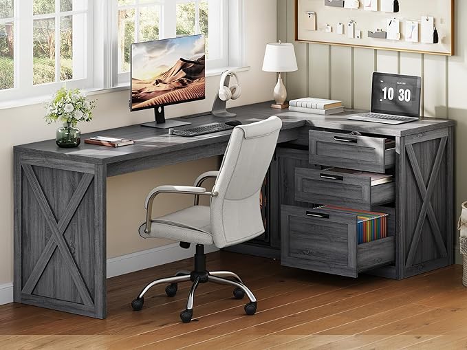 Farmhouse L Shaped Office Desk with Drawers 78 Inch L Shape Desk Executive Office Desk with File Cabinet Storage Shelves and Power Outlets for Home Office Dark Grey