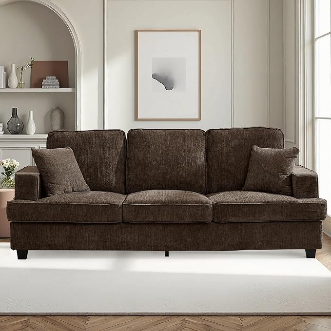 Sofa Couch for Living Room Modern Loveseat with Comfy Deep Seat Comfortable Mid-Century 3-Seater Couch for Bedroom Home Apartment Office Lounge Brown
