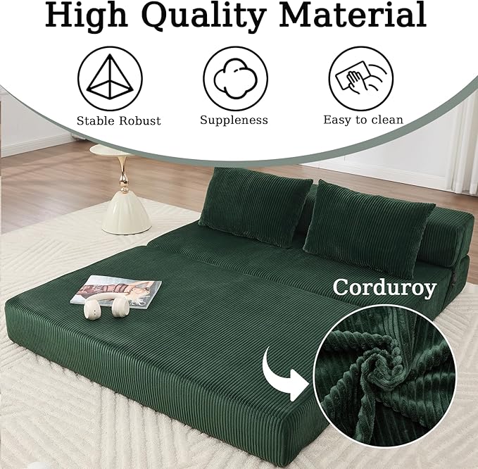 55 Convertible Folding Sofa Bed with 2 Pillows Corduroy Foldable Sleeper Sofa for Adult Floor Couch Bed for Living Room Bedroom No Assembly (Green)