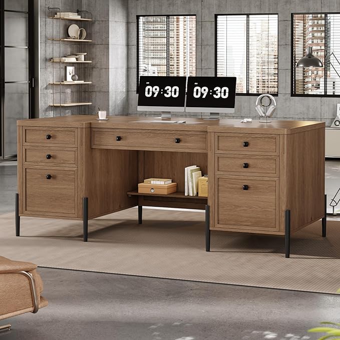 63 Executive Desk with 5 Drawers Farmhouse Home Office Desks with 2 Storage Cabinet and Keyboard Tray Large Boss Desk with Privacy Panel Modern Table with Open Shelf and File Drawer