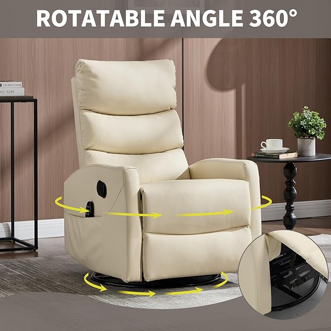 PELUMY 360° Swivel Rocker Recliner with Heat &amp Vibration Massage Glider Rocking Chair for Adults Compact Recliner for Living Room Small Spaces Nursery Bedroom (Breathable Leather Creamy Beig
