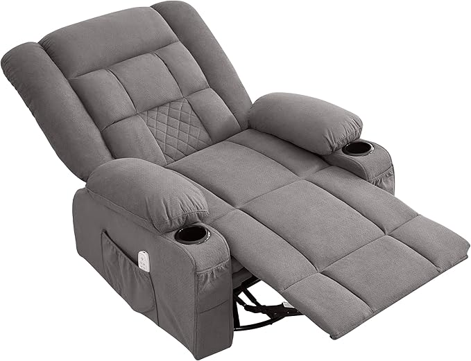 Massage Swivel Rocker Recliner Chair with Vibration Massage and Heat Ergonomic Lounge Chair for Living Room with USB Charge Port and Side Pocket Rocking Function (Light Grey)
