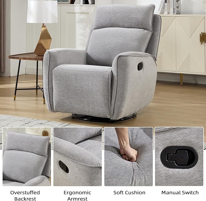INZOY Nursing Rocking Chair Recliner Swivel Rocker Recliner Swivel Glider Rocking Recliners with Soft Backrest Chenille Fabric Manual Reclining Sofa for Living Room Bedroom Apartment Grey