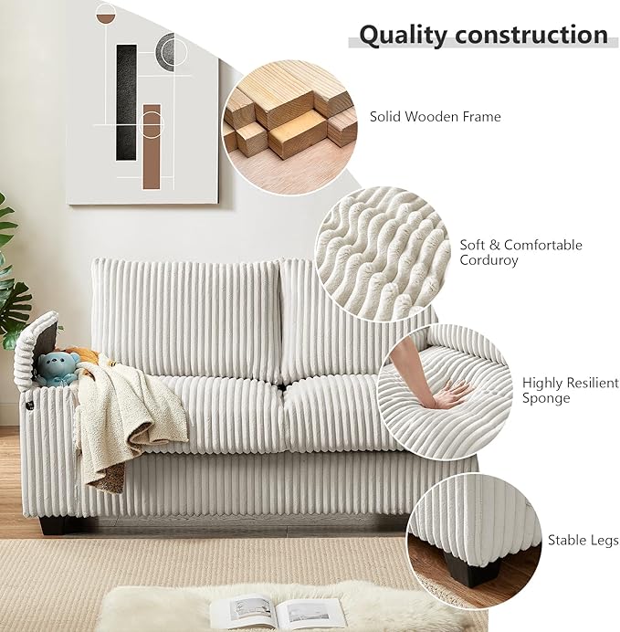 Sheng &amp Far Corduroy Loveseat Sofa Set with Storage Armrests and USB Charging Port 71 Wide Begie