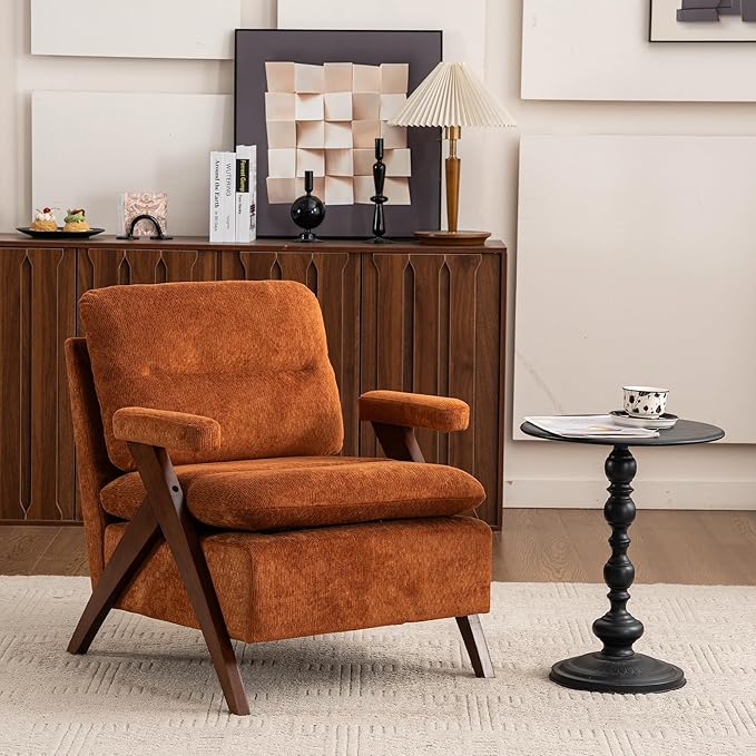 Mid Century Modern Tufted Accent Chair - Sturdy Upholstered Solid Wood Armchair with Breathable Fabric High-Density Cushion Non-Slip Pads for Living Room Reading Room Bedroom Orange