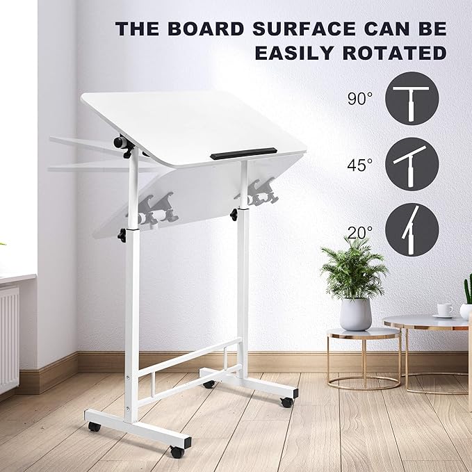 Small Standing Desk Adjustable HeightRolling Computer DeskMobile Standing Desk with WheelsPortable Stand Up DeskTall Computer TableAdjustable Desktop Sit Stand DeskSize 31.5x15.7 Inch White