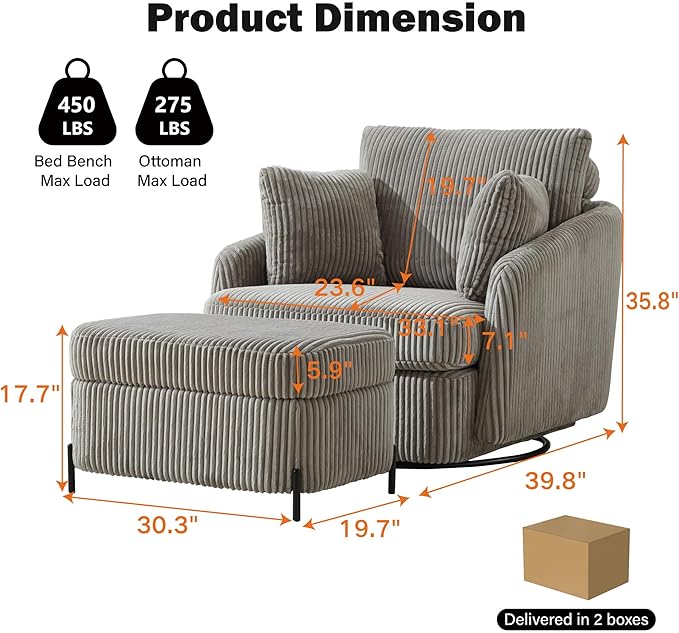 Chifee &amp Vingol 40.6 Oversized Swivel Accent Chair with OttomanCorduroyGray