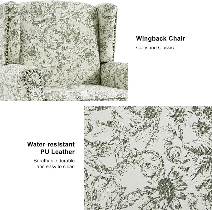 Floral High Back Accent Chair Upholstered Armchair with Solid Wood Legs Comfy Wingback Reading Single Sofa Chair for Small Spaces Living Room Bedroom(Floral Rococo Green Set of 1)