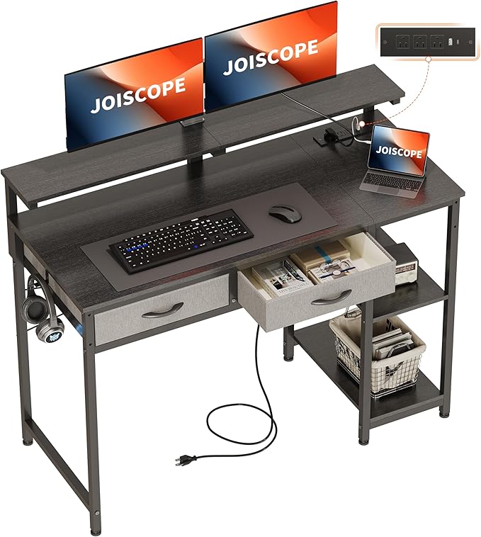JOISCOPE Home Office Desk with Power Outlets (3AC USB Type-C) 48 × 20 Inch Computer Desk with 2 Drawers &amp Shelves Laptop Table with Display Riser Gaming Study Drafting Table for Bedroom Blac