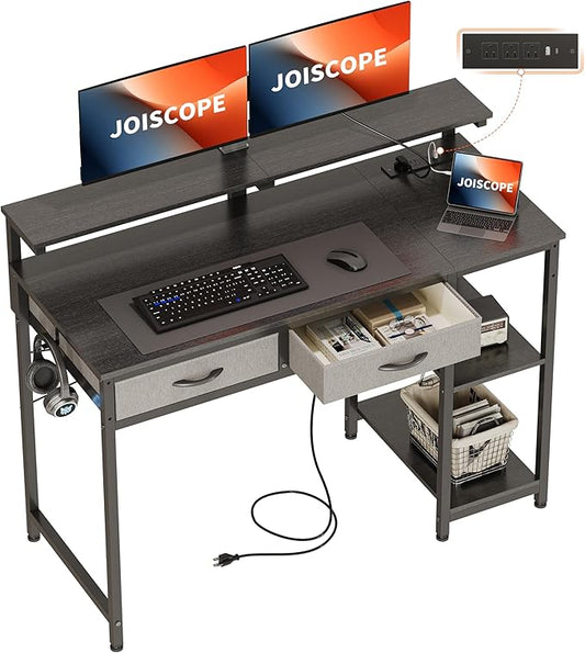 JOISCOPE Home Office Desk with Power Outlets (3AC USB Type-C) 48 × 20 Inch Computer Desk with 2 Drawers &amp Shelves Laptop Table with Display Riser Gaming Study Drafting Table for Bedroom Blac