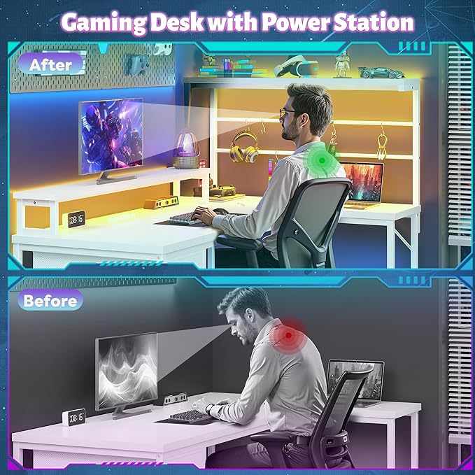 EnHomee 53 L Shaped Gaming Desk with Monitor with Hutch &amp Monitor Stand Office Desk with Drawers &ampHooks Computer Desk with LED Light &ampPower OutletHome Office Writing Desk White