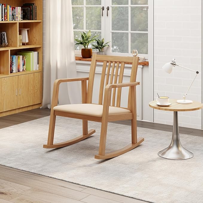 Giantex Rocking Chair with Cushioned Seat Indoor Solid Rubber Wood Rocker Chair w/Slatted Back &amp Curved Armrests Wooden Accent Armchair for Living Room Bedroom Study Porch (1Natural + Beige)