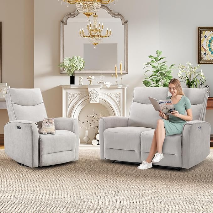 ANJ 2 Pieces Recliner Sofa Furniture SetInclude Power Swivel Recliner Chair with USB Port and 2-Seater Loveseat Reclining Couch for Living RoomLight Grey