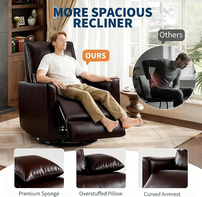 GAOMON Swivel Rocking Recliner Chair Manual Leather Recliner Glider with Lumbar Support &amp Padded Armrest Comfortable Rocker Nursery Single Sofa for Living Room and Bedroom (Dark Brown)